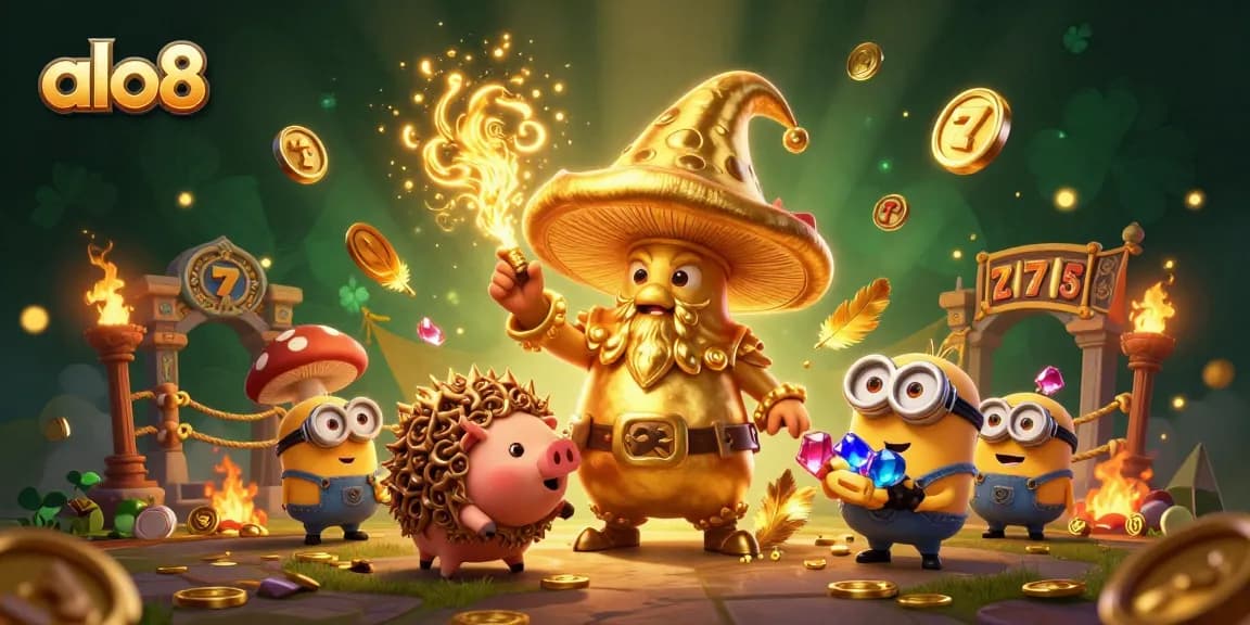 Experience the winning magic of alo8 with a golden mushroom wizard and treasure-filled adventure in this captivating casino illustration.