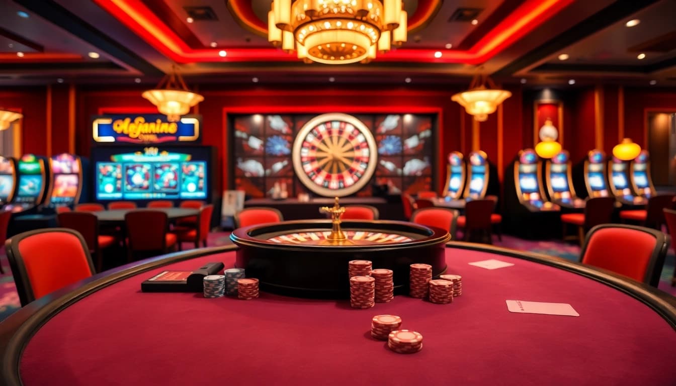Experience the thrilling ambiance of open88.com with casino tables and vibrant graphics.