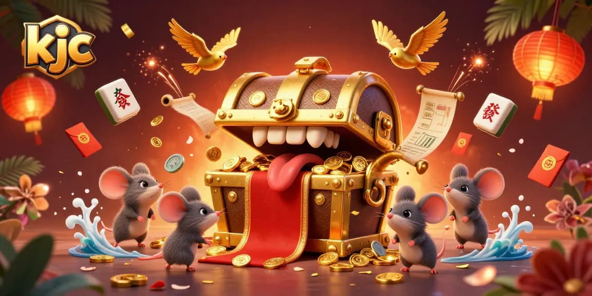 Engage with KJC's vibrant casino adventure, featuring a treasure-filled scene and animated game elements.