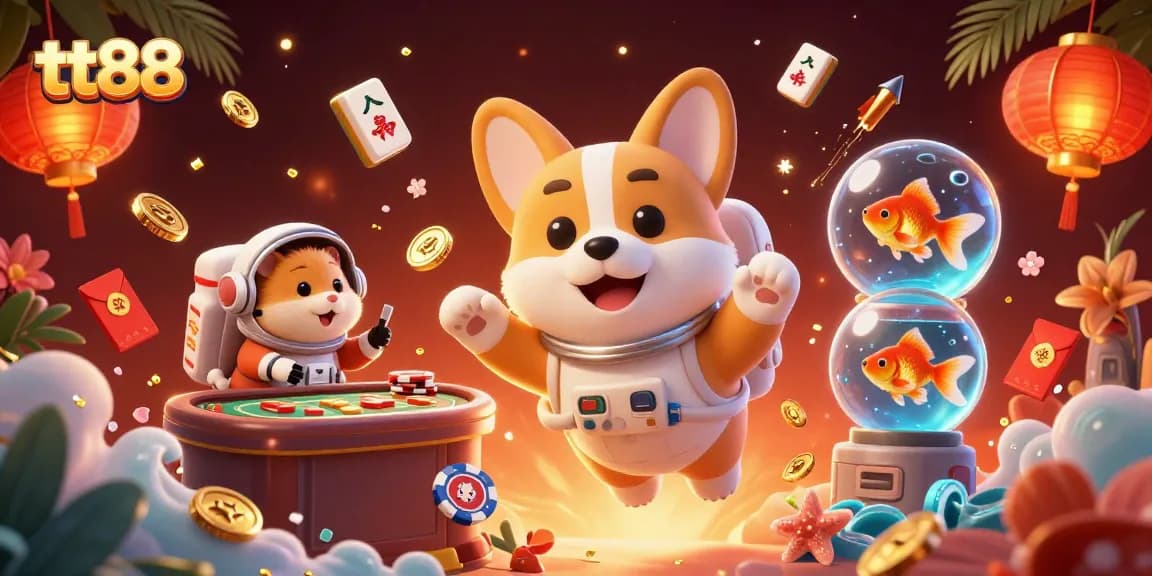 Experience thrilling gameplay at tt88 with a vibrant casino scene featuring a corgi, hamster, and goldfish.