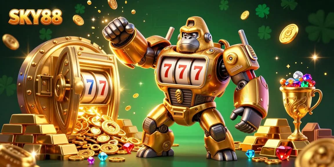 Experience the thrill of SKY88 with captivating visuals of a golden gorilla mech and treasures.
