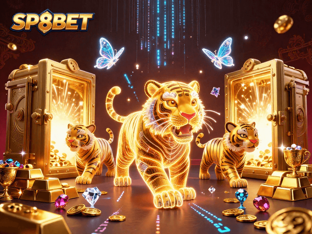 Engage with SP8BET's vibrant casino landscape featuring a neon wireframe tiger amidst scattered treasures.