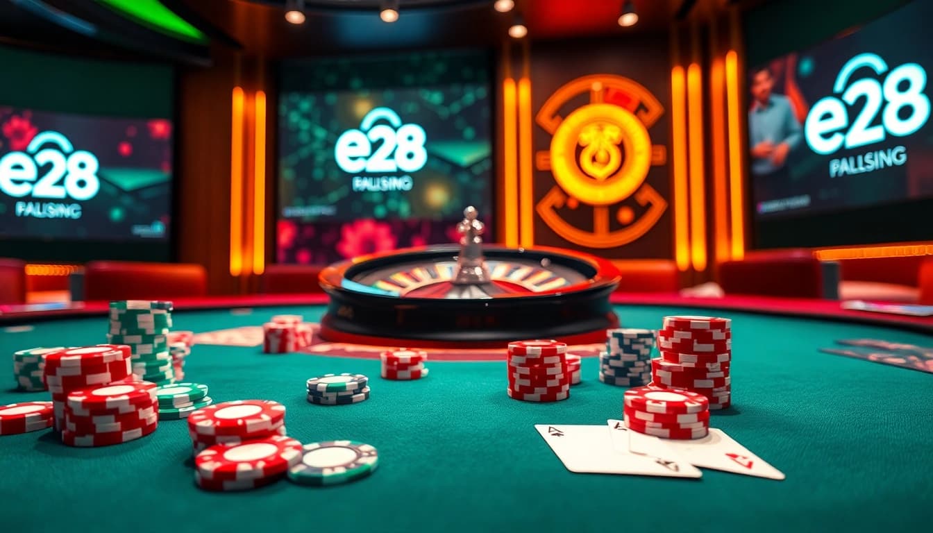 Experience thrilling gameplay at e28's luxurious casino, featuring vibrant poker chips and a spinning roulette wheel.