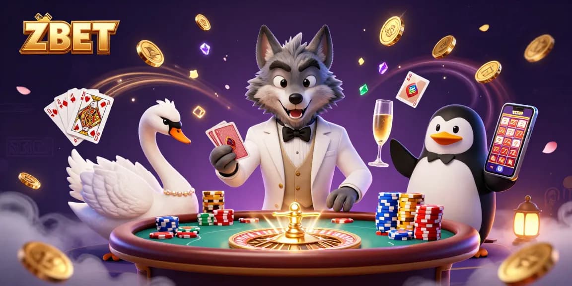ZBET forms a thrilling gaming scene with charismatic 3D characters at the baccarat table.
