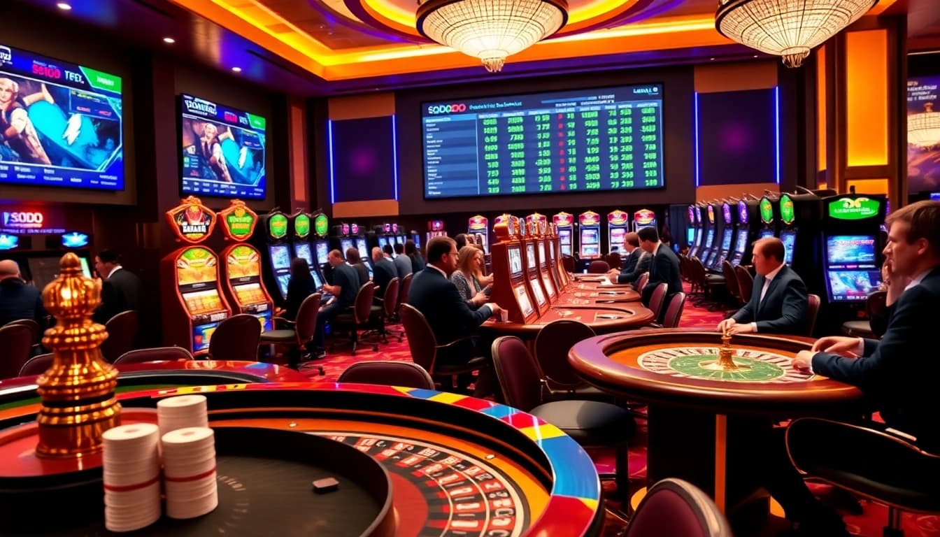 SODO CASINO gaming atmosphere with players enjoying roulette and blackjack at luxurious tables.