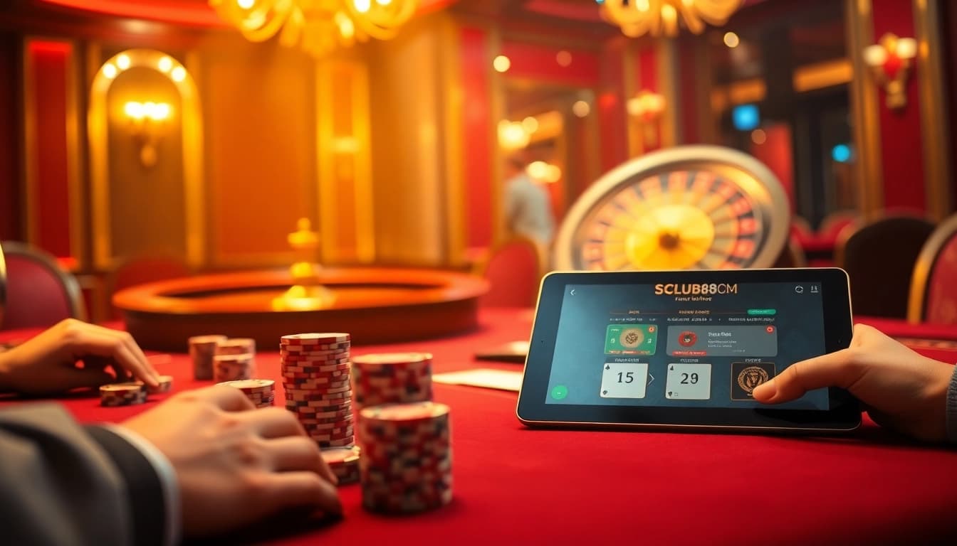 Experience the thrill of SCLUB88 COM at a glamorous poker table with vibrant chips and cards.