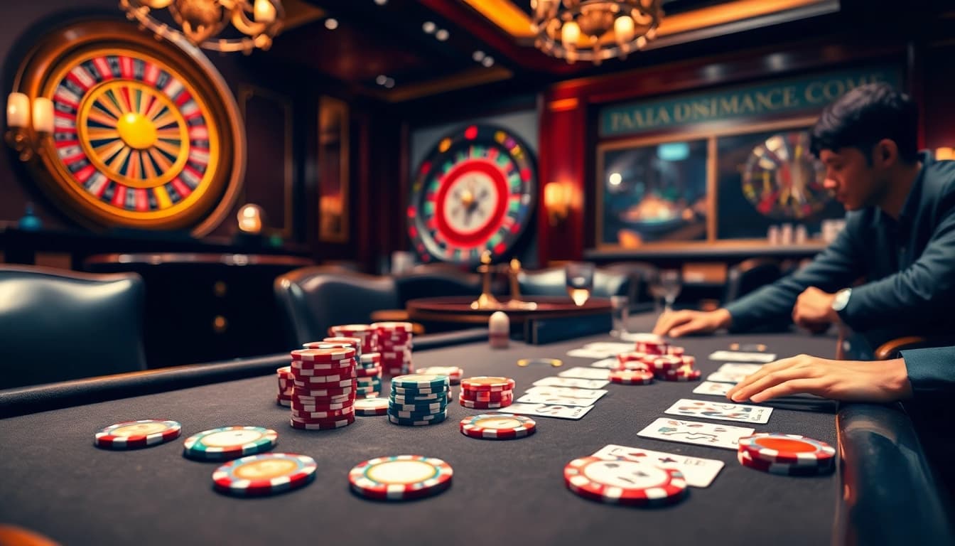 Action-packed poker game at https://98win9.bid/ with vibrant chips and players immersed in the challenge.