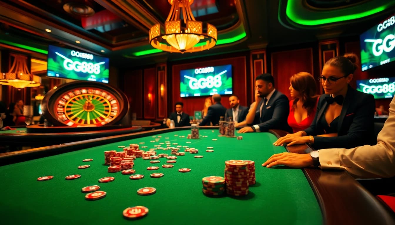 Players engaging in excitement at gg88 casino tables under elegant lighting.