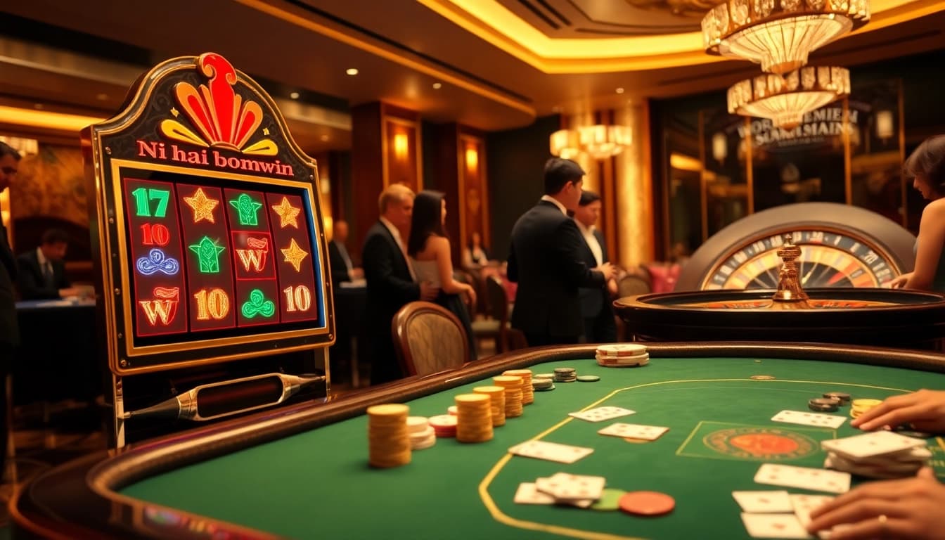 Nổ hũ bomwin excitement at a luxurious casino with slot machines and poker tables.