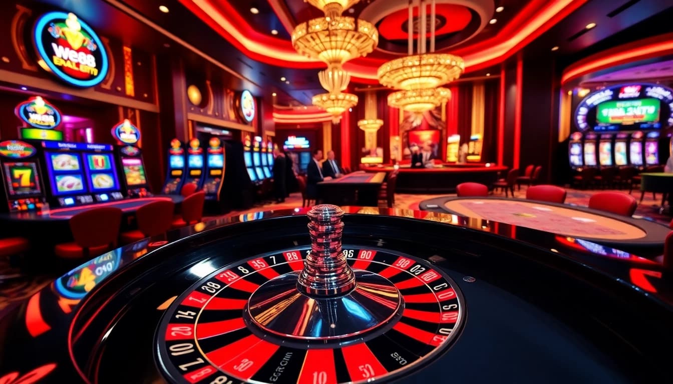 WE88 casino gaming excitement with vibrant roulette table and engaging dealer atmosphere.