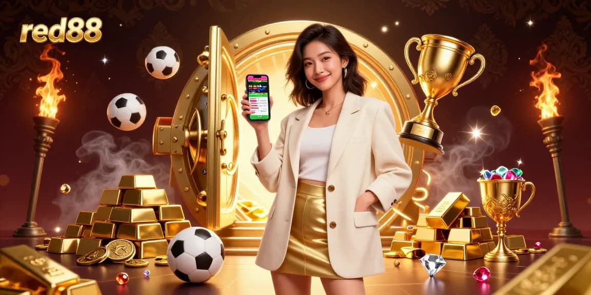 Bet on sports with red88 in a vibrant casino-themed setting showcasing a friendly Asian woman and dynamic betting elements.