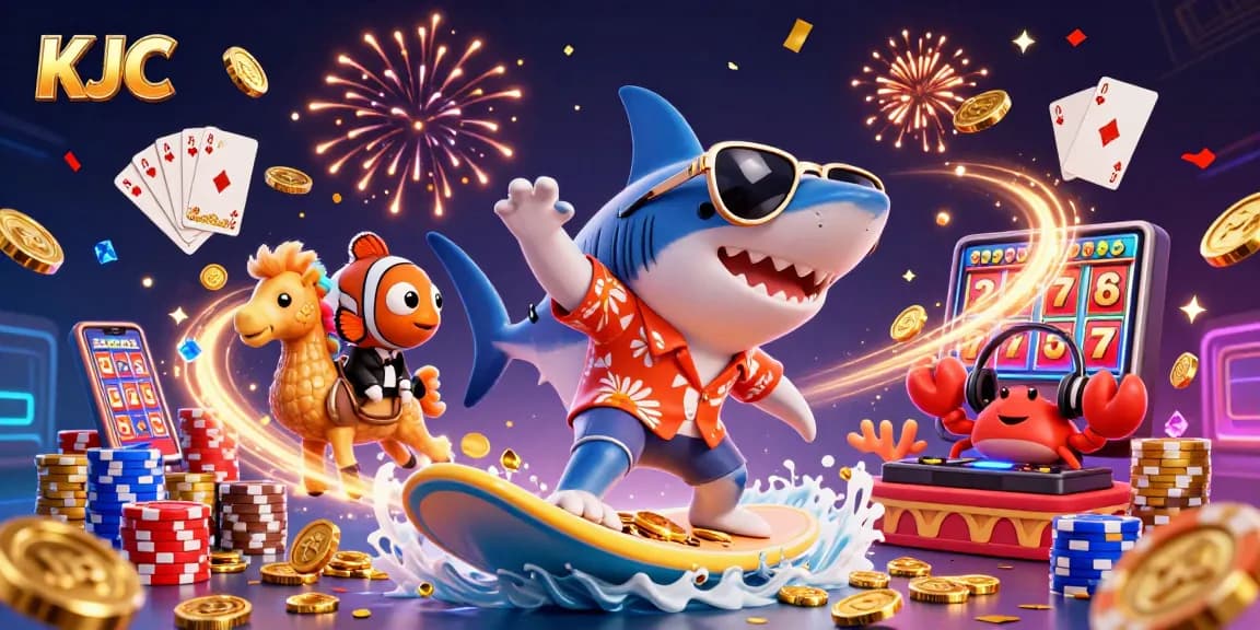 KJC's vibrant casino scene with a hammer-head shark, clownfish, and crab DJ exuding excitement.