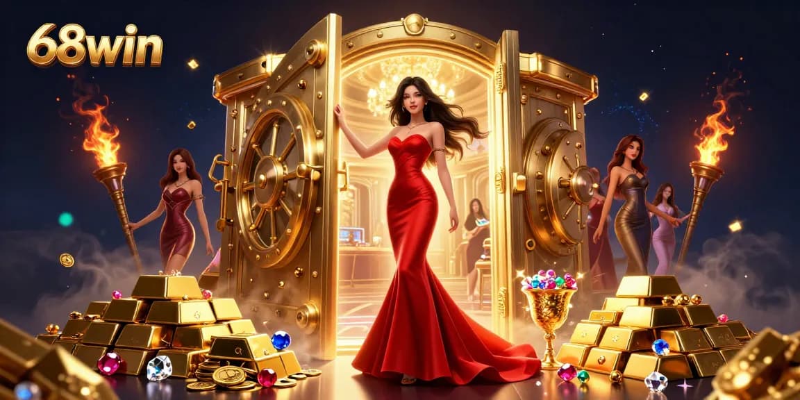 Experience thrilling gaming at 68win with a glamorous Asian woman at a VIP casino doorway filled with treasures.