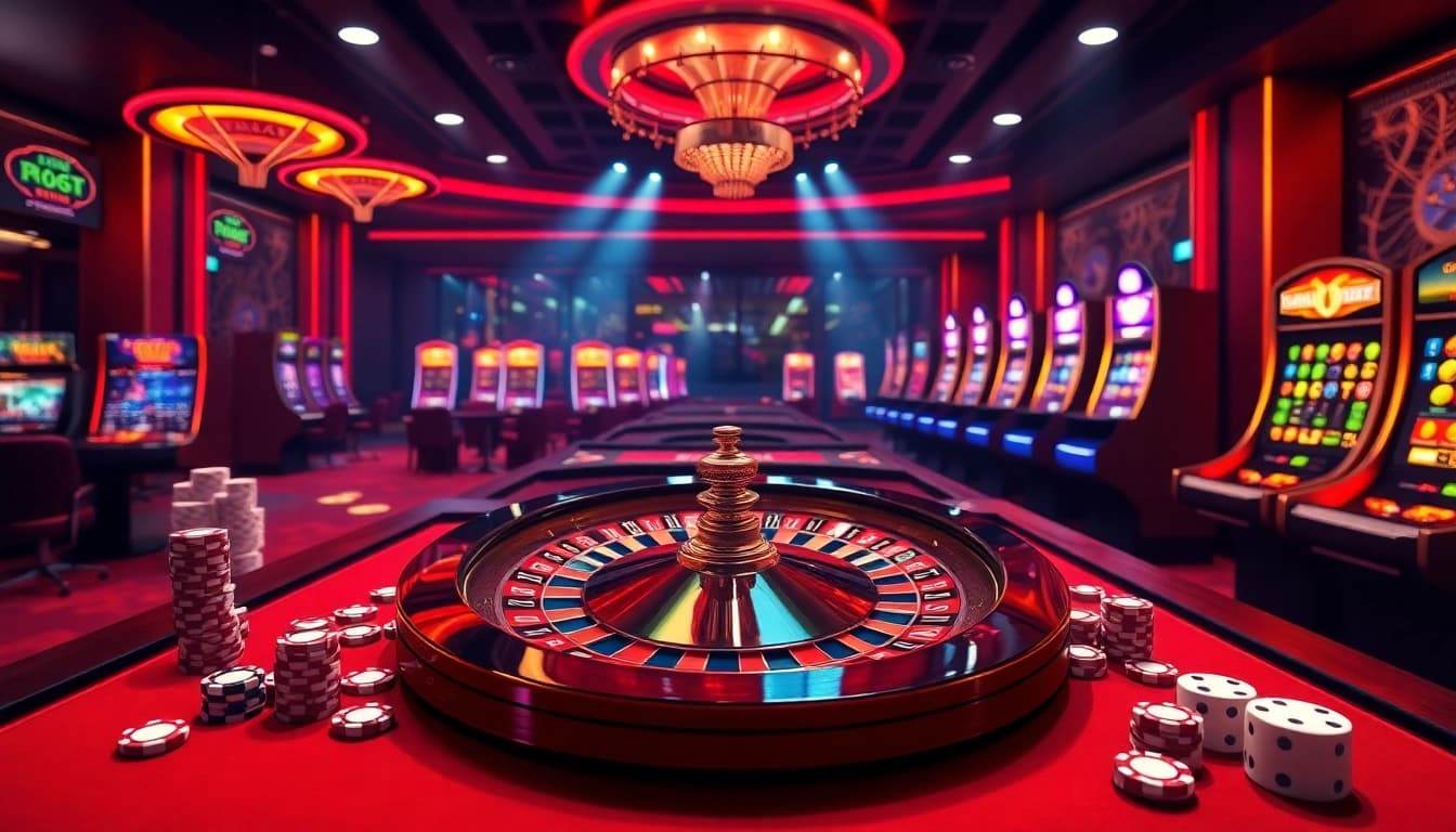 S666 online casino experience featuring a luxurious roulette wheel and vibrant slot machines.
