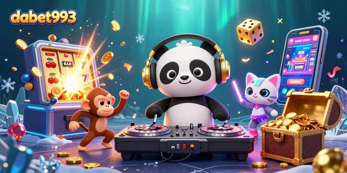 DABET993 engages players with lively casino graphics featuring a DJ panda and jackpot excitement.