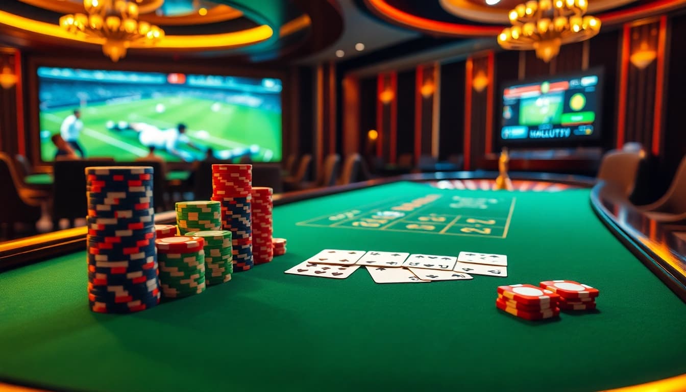 Exciting gambling experience featuring vaoluoitv amidst a luxurious poker scene, complete with chips and cards.