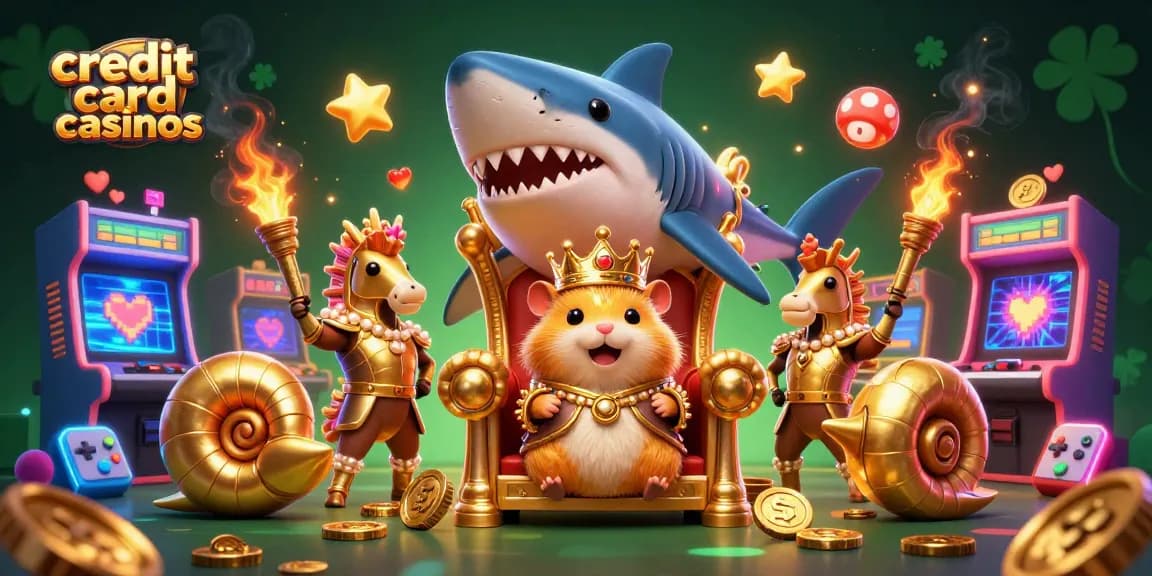 Experience the excitement of credit card casinos with a fierce hamster king in a vibrant 3D scene.