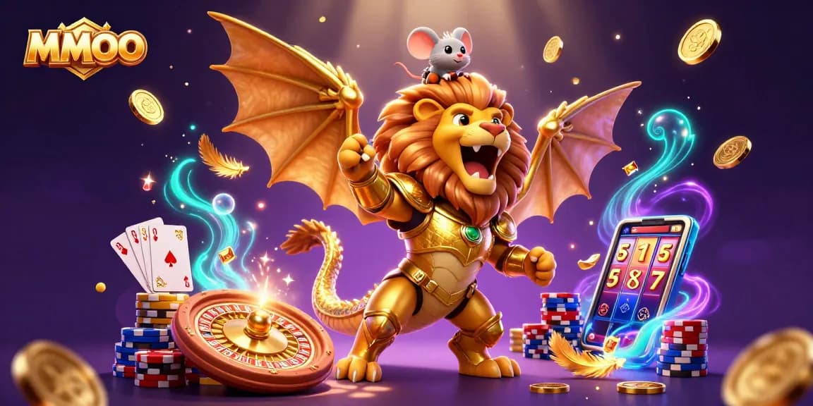 MMOO showcases a vibrant 3D illustration with dynamic casino characters and golden coins flying across a captivating scene.