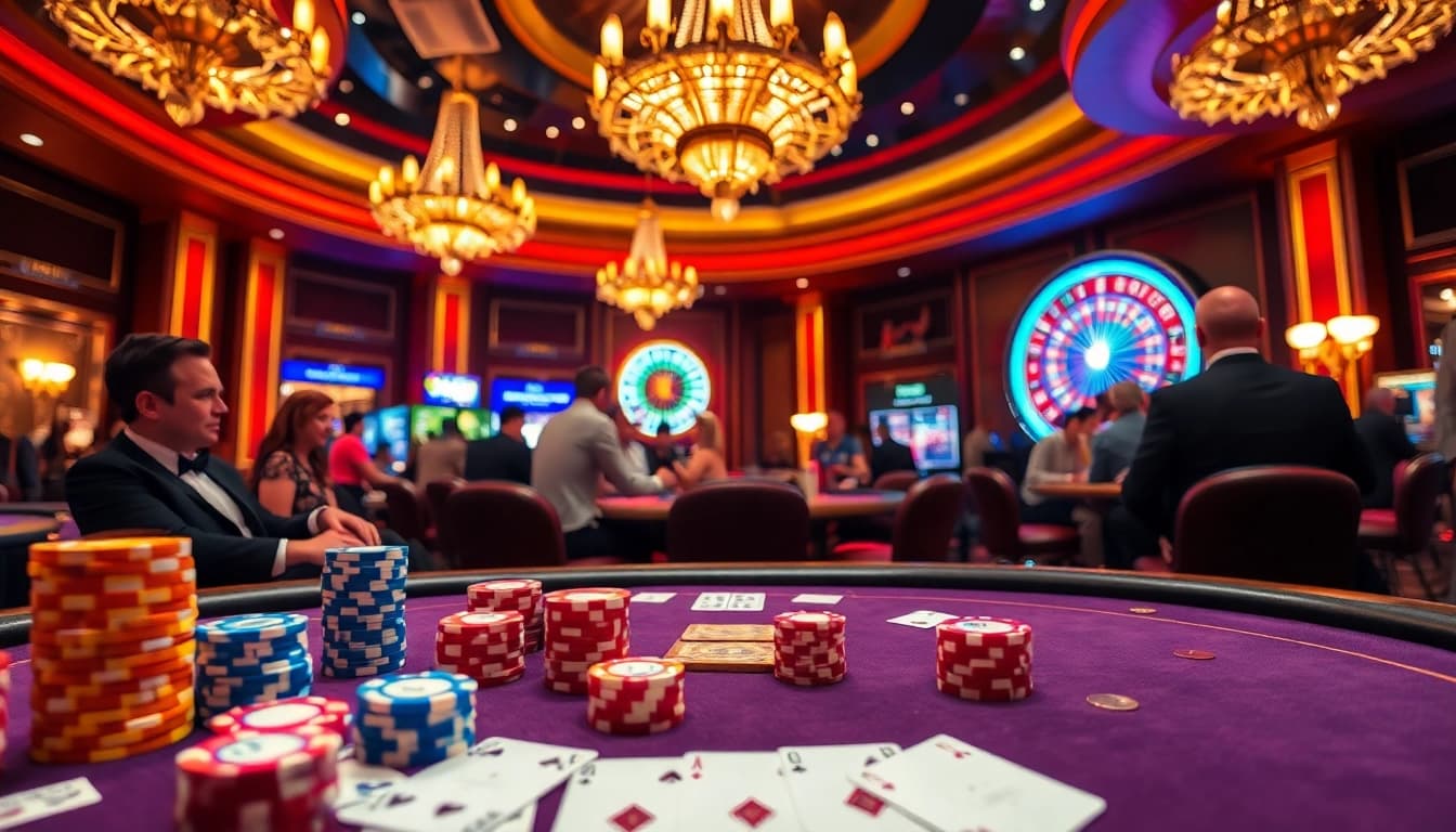 High-stakes poker action at 88 CLB casino with vibrant chips and elegant players.