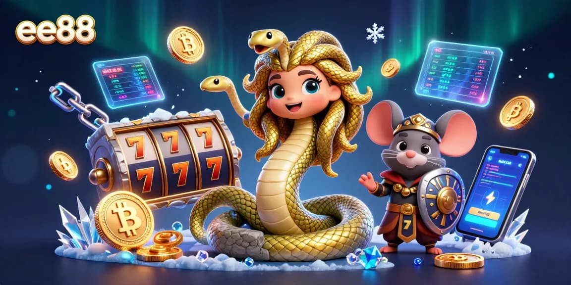 Experience exciting betting adventures with ee88 in this vibrant 3D casino scene featuring Medusa and a warrior mouse.