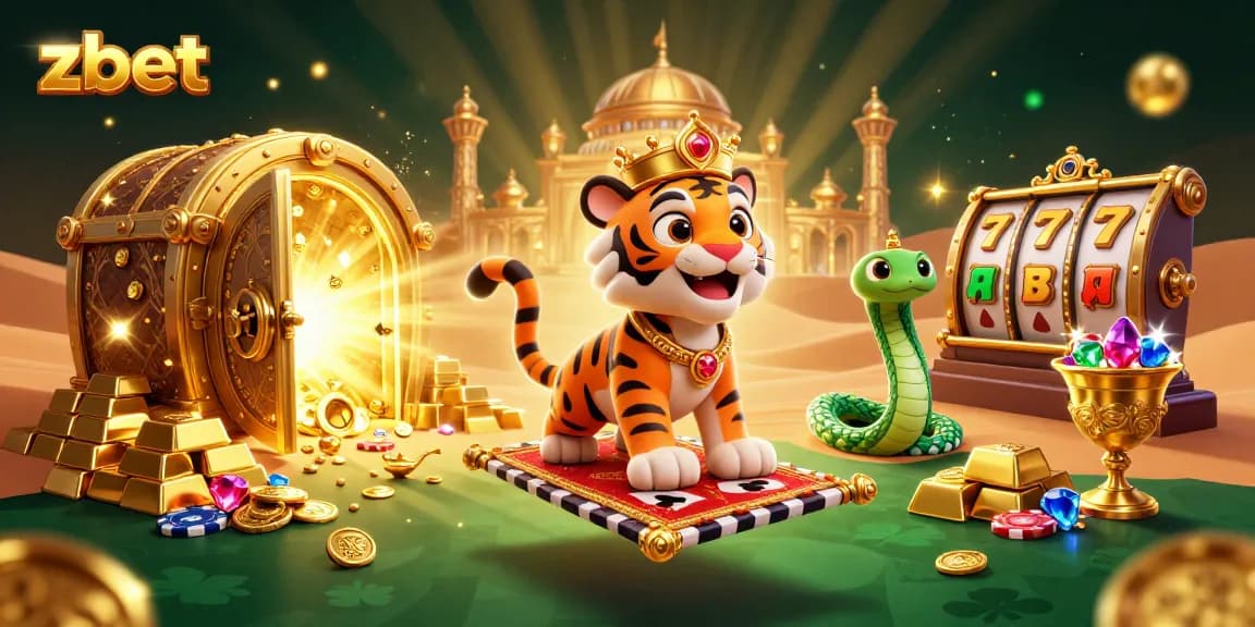 Zbet players experience thrilling action with cartoon tiger sultan and magical casino elements.