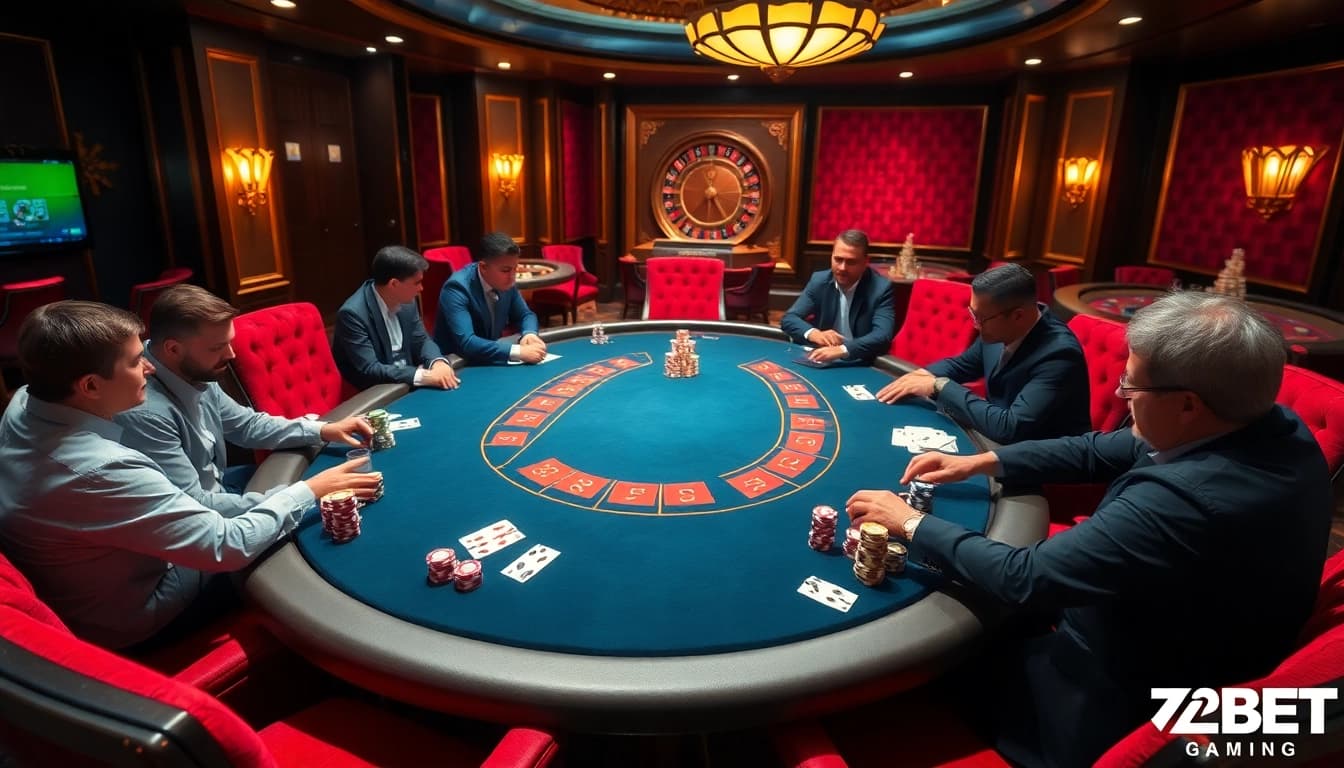 E2BET players strategizing at a high-stakes poker table in a luxurious casino setting.