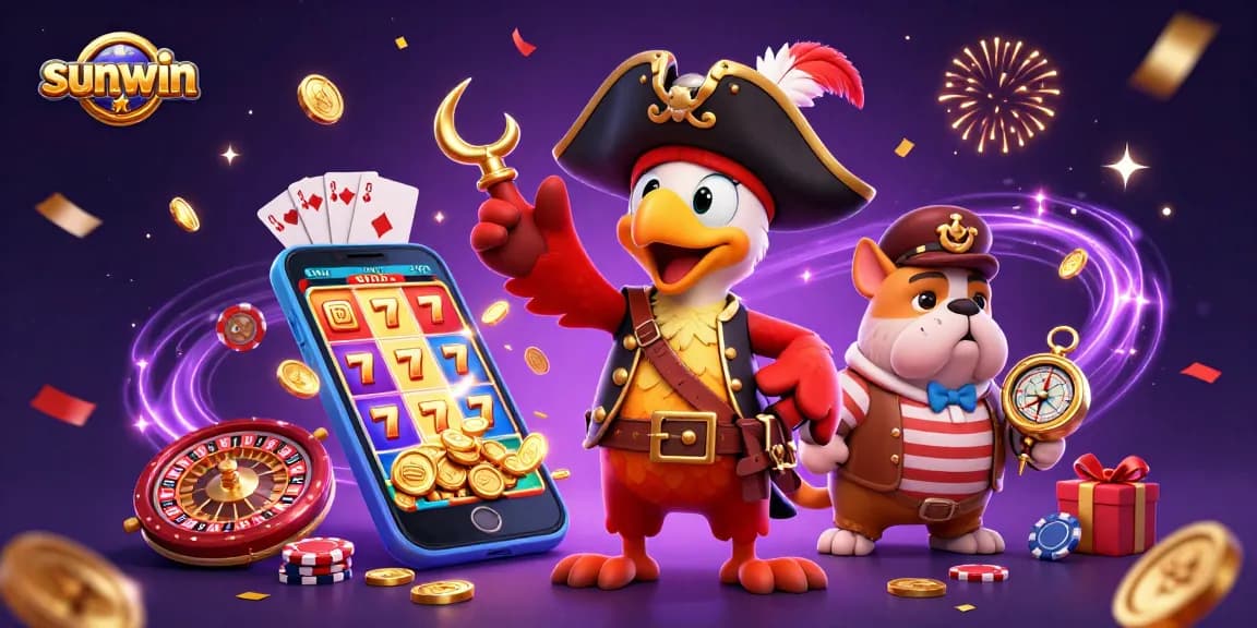 Engage with sunwin's exciting slots as a pirate captain commands his crew in a vibrant casino scene.
