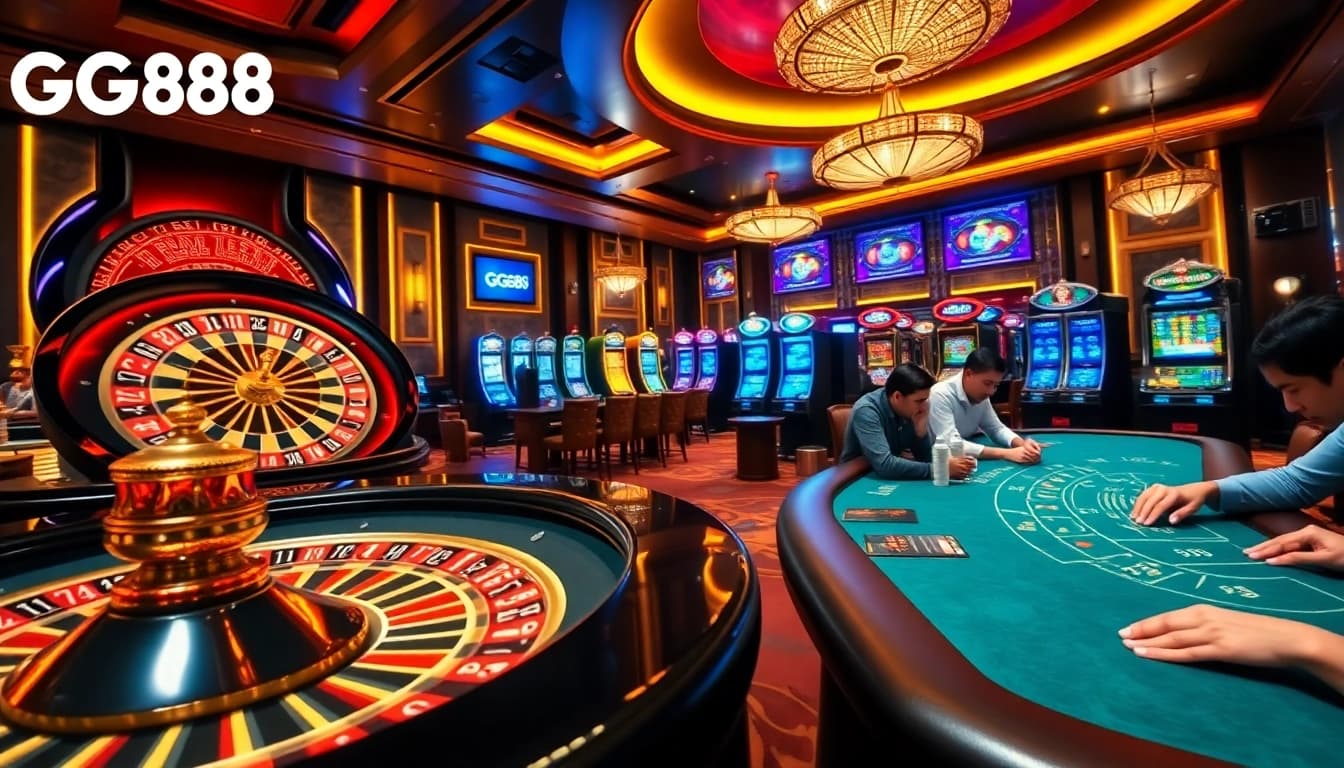 Experience a thrilling game at GG88's vibrant casino with roulette and slot machines.