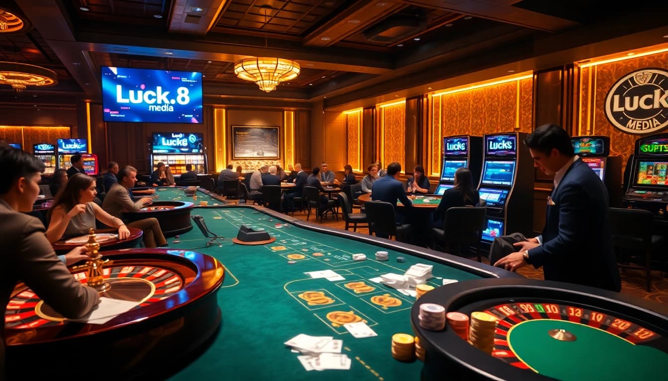 Experience the thrill of https://luck8.media/ with a luxurious casino scene featuring vibrant gaming tables and excited players.
