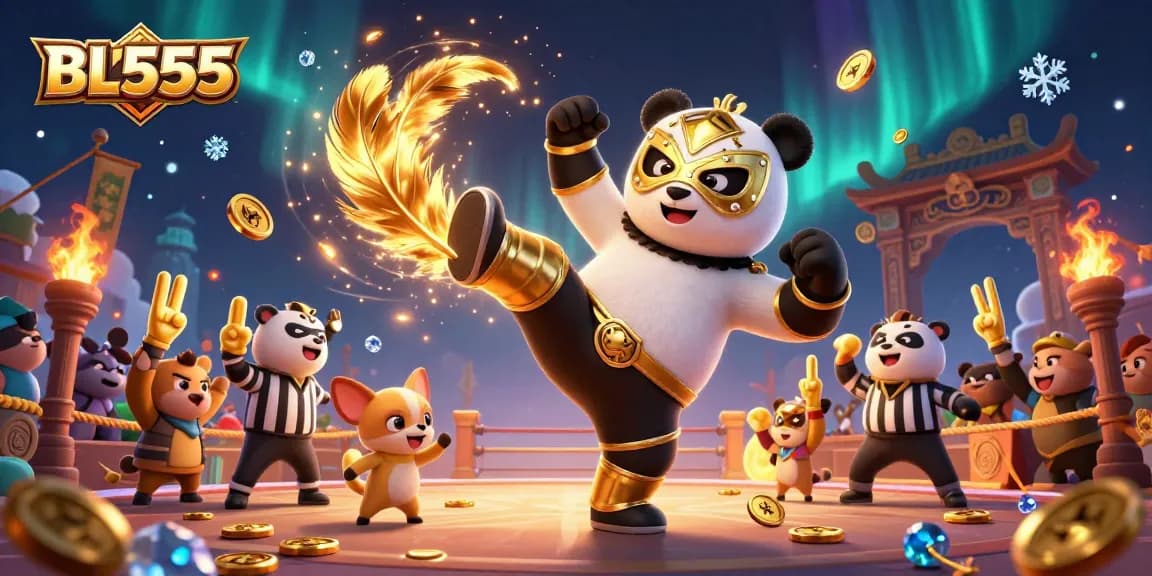 BL555's intense gaming scene features a panda wrestler in action with vibrant casino elements.