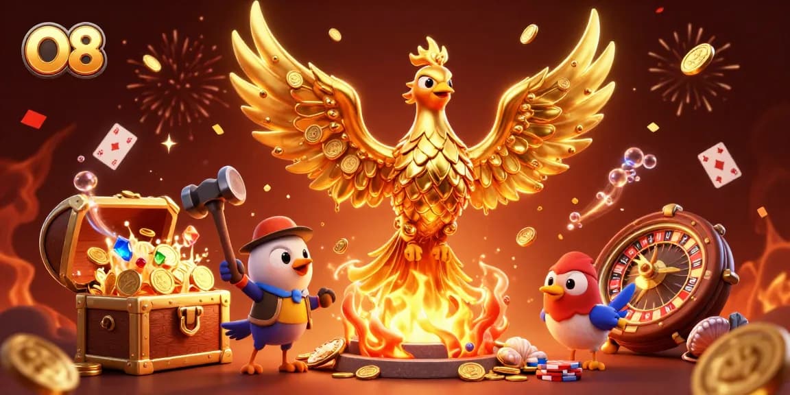 Experience the excitement at O8 with a vibrant casino scene featuring gold phoenix, coins, and gaming elements.