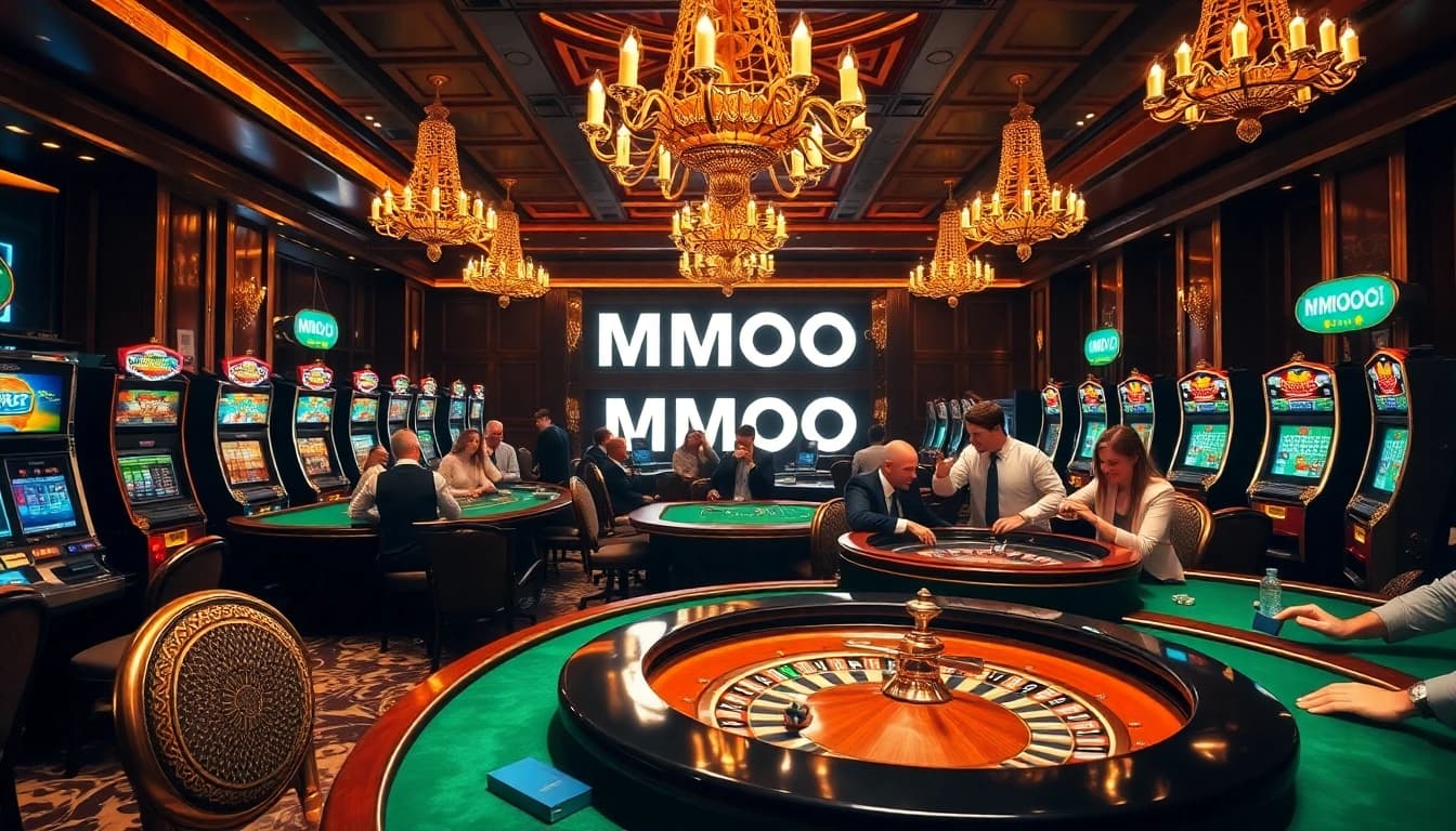 Players at MMOO casino enjoy thrilling games with vibrant lights and elegant designs.