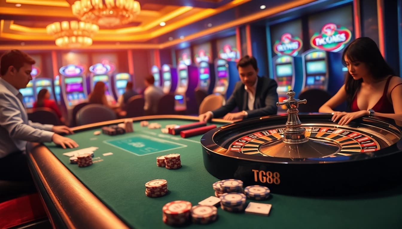 Engage with thrilling gameplay at TG88's luxury casino featuring poker, roulette, and vibrant slot machines.