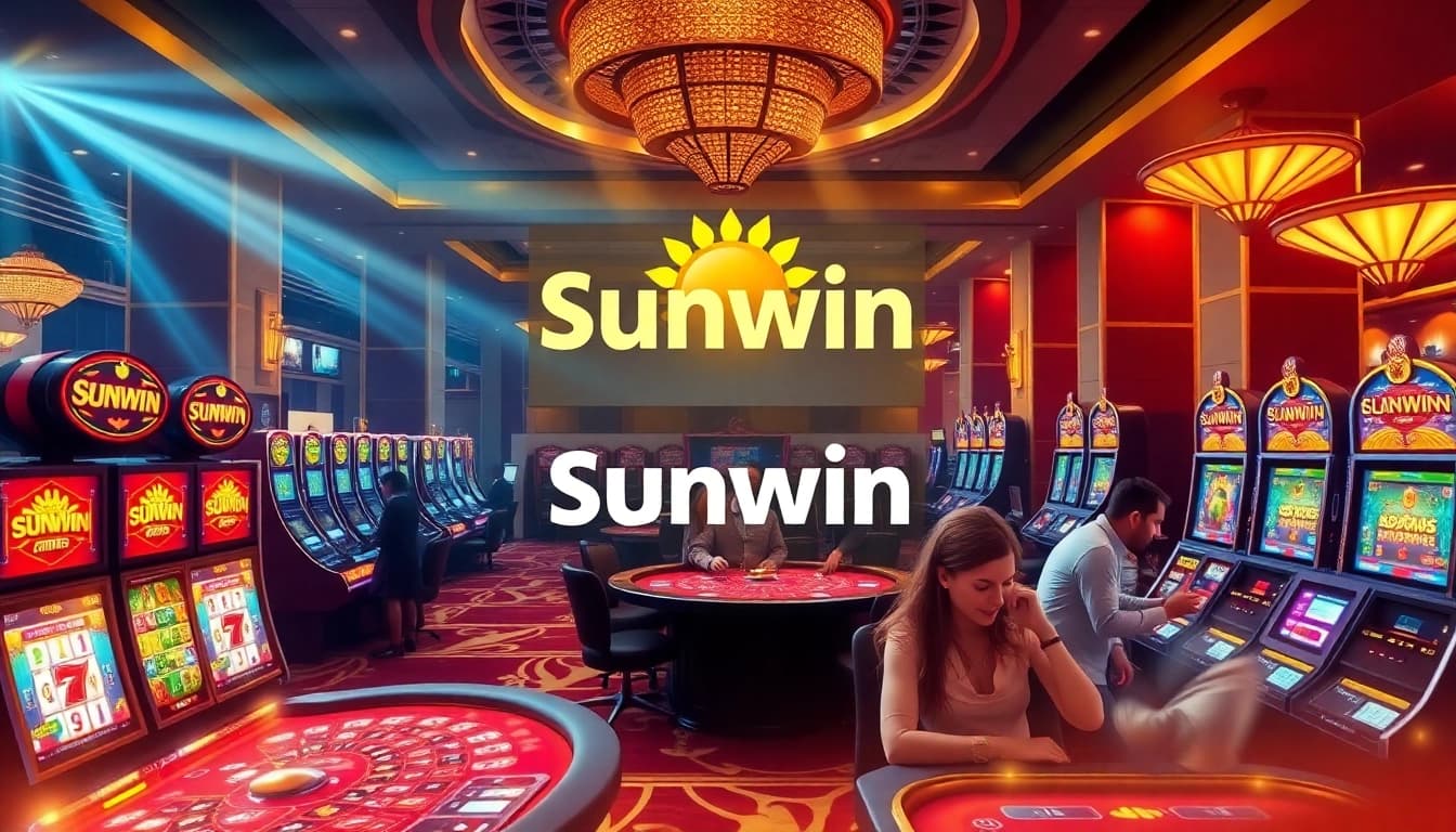 Sunwin gaming experience with vibrant slot machines and engaged players.