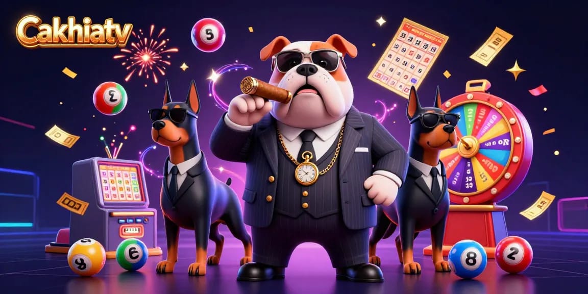 Cakhiatv showcases a vibrant gaming scene with a mafia bulldog and Doberman bodyguards enjoying lottery action in a rich casino setting.