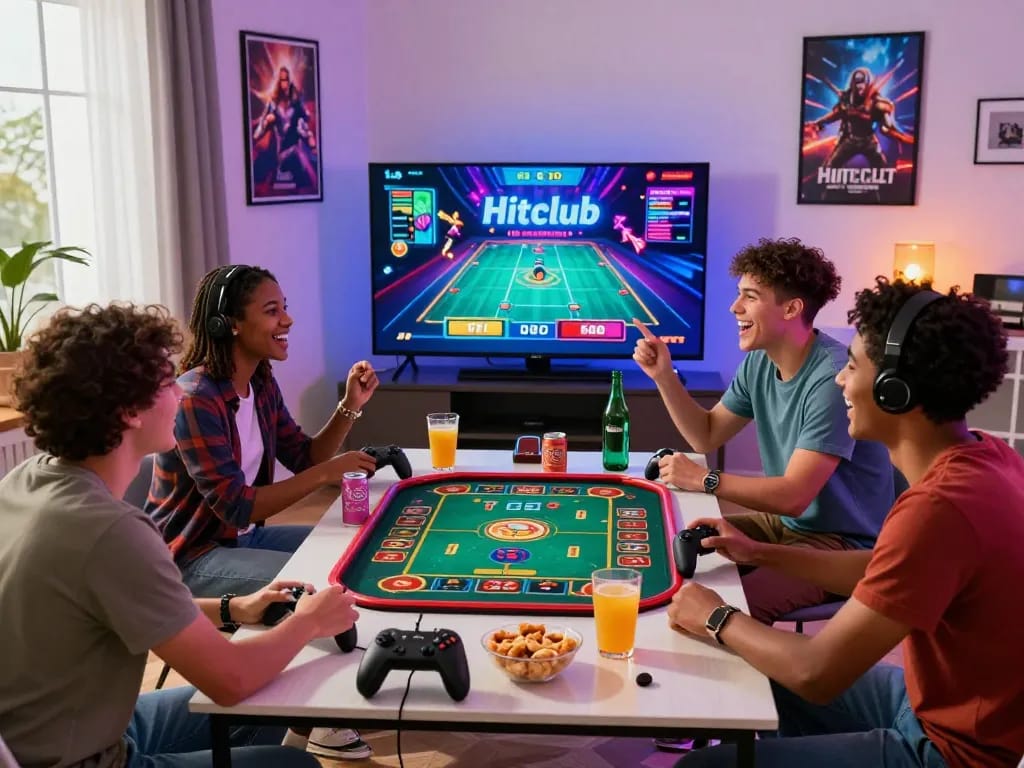 Hitclub community enjoying online gaming experience together in a vibrant living room.