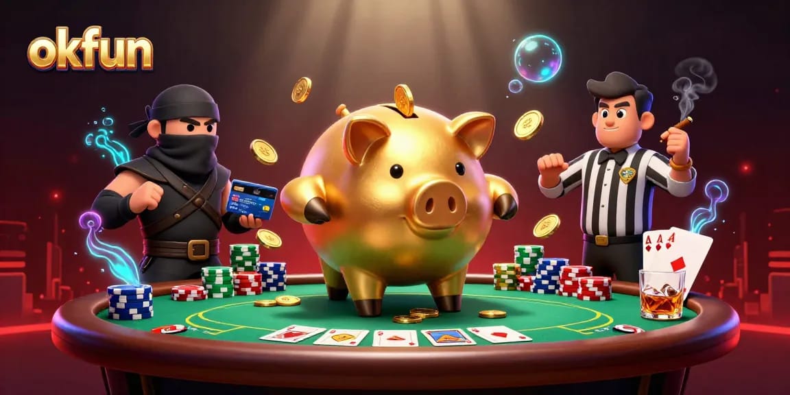 okfun features a sumo wrestler piggy bank and ninja characters amidst a vibrant casino scene.