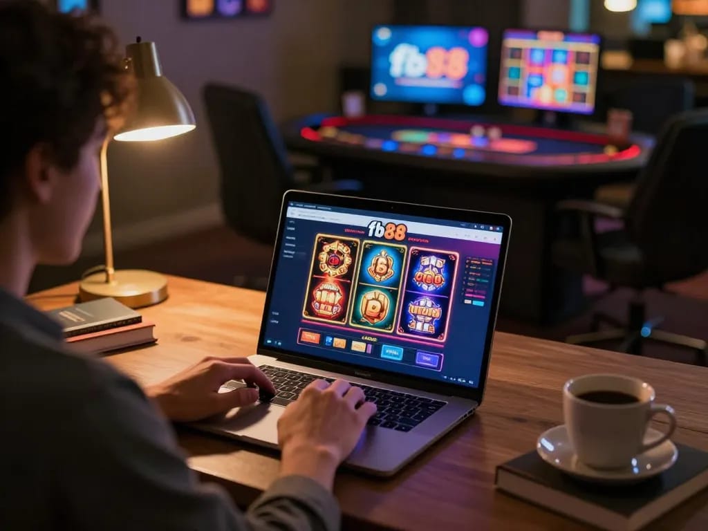 Engaged player using fb88 online casino app on a laptop, strategizing gameplay in a cozy home setting