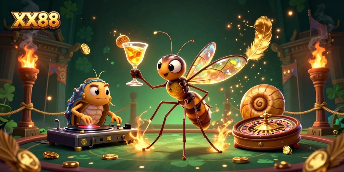 Experience vibrant XX88 gameplay as a 3D frozen mosquito mascot and trilobite DJ rock the casino scene.