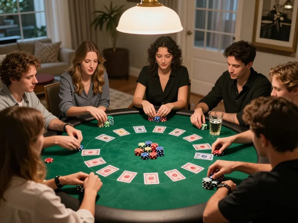 GK88 poker game night with friends around a green felt table, chips and cards visible.