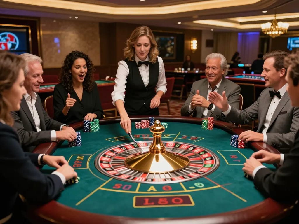 Experience the thrill of debet gaming with players engaged at a luxurious roulette table, vibrant casino atmosphere.