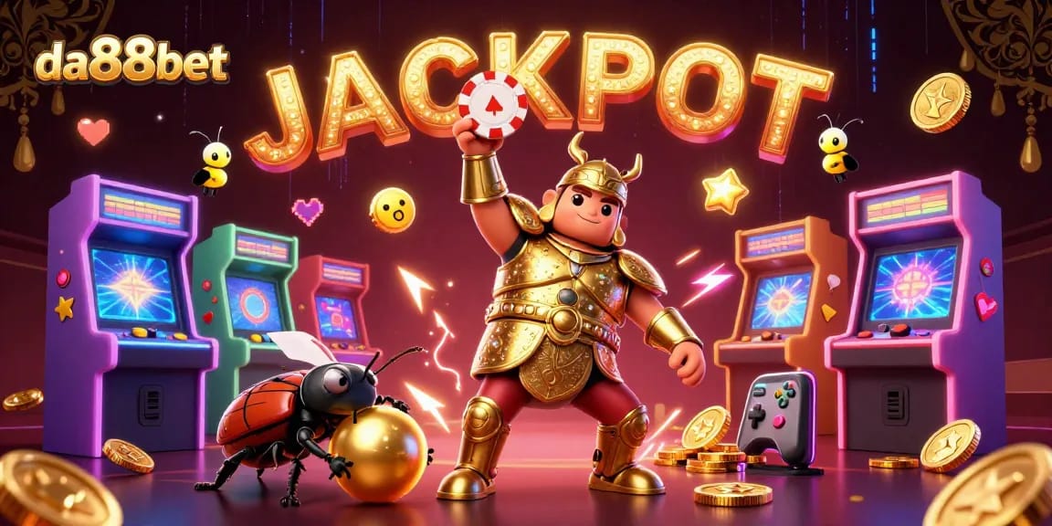 Catch the excitement at da88bet with a victorious beetle lifting a poker chip, signifying jackpot wins!