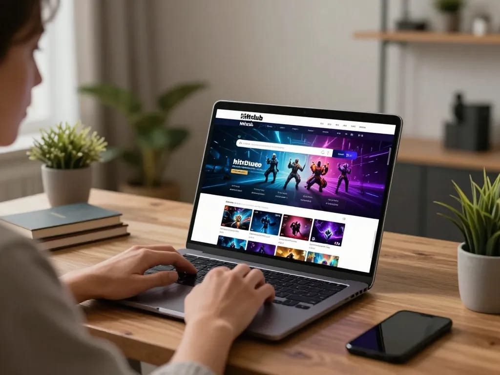 Engaging with hitclub's vibrant online games on a laptop in a modern home office setting