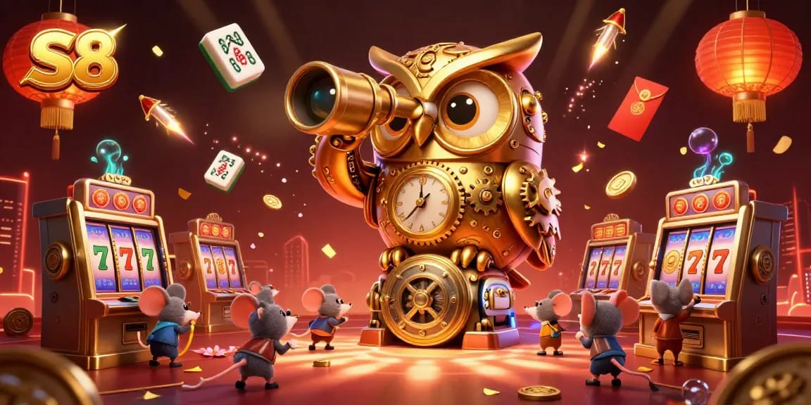 S8 captivates with a vibrant 3D illustration of a golden owl scanning a bustling casino filled with exciting games.