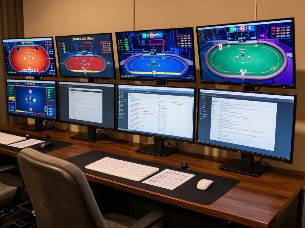 Engage with RR88 in a luxurious online poker setup, showcasing multiple screens with exciting game interfaces.