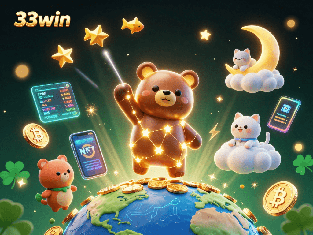 Engage with 33win's vibrant 3D casino illustration showcasing coins and crypto elements
