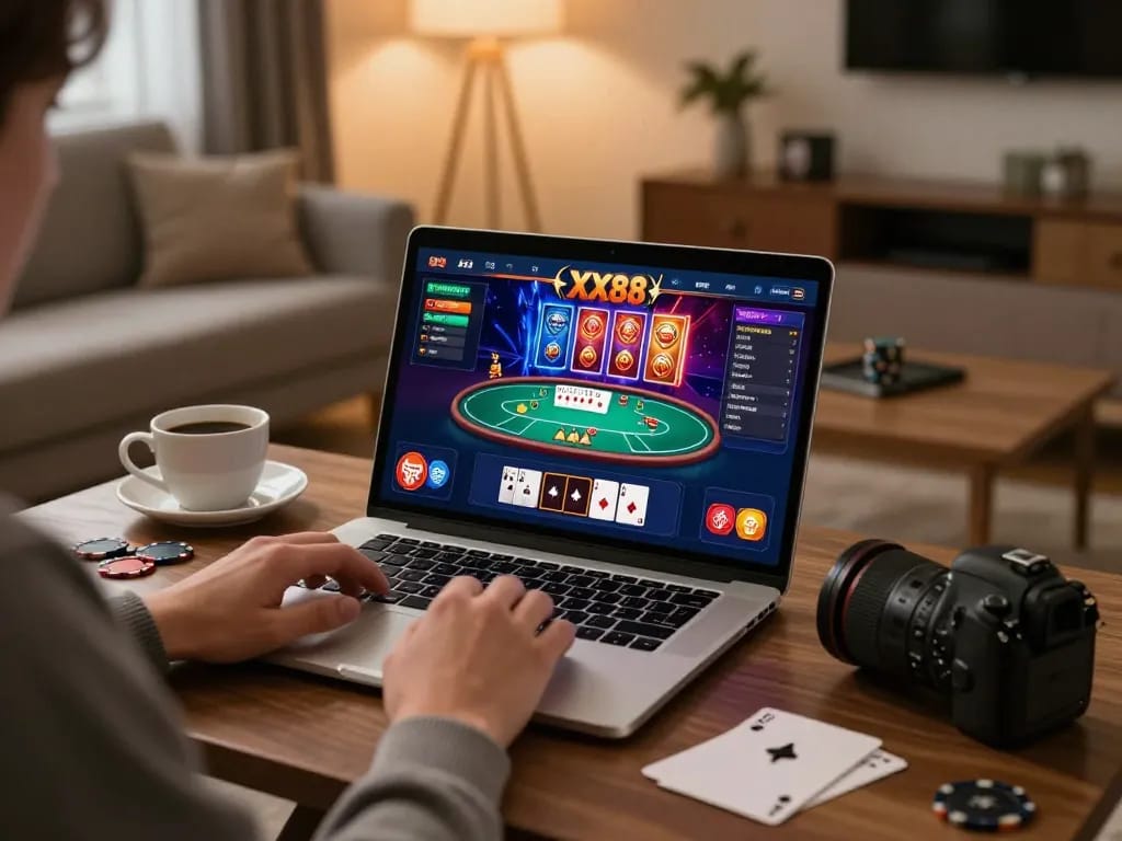 Engaging online gaming scene at XX88 with a player focused on their laptop, showcasing casino gameplay.