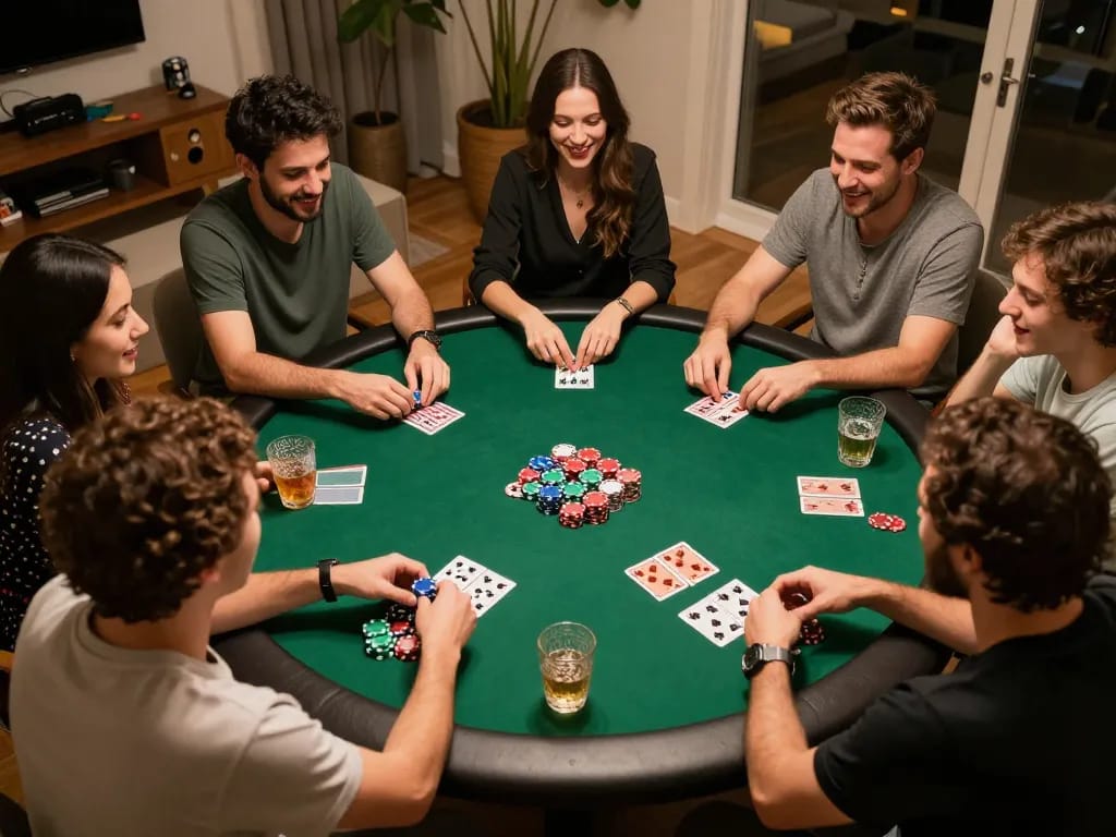 Players engaging in strategic poker gameplay during an inviting home gathering, showcasing hm88 gaming atmosphere with lively interaction.