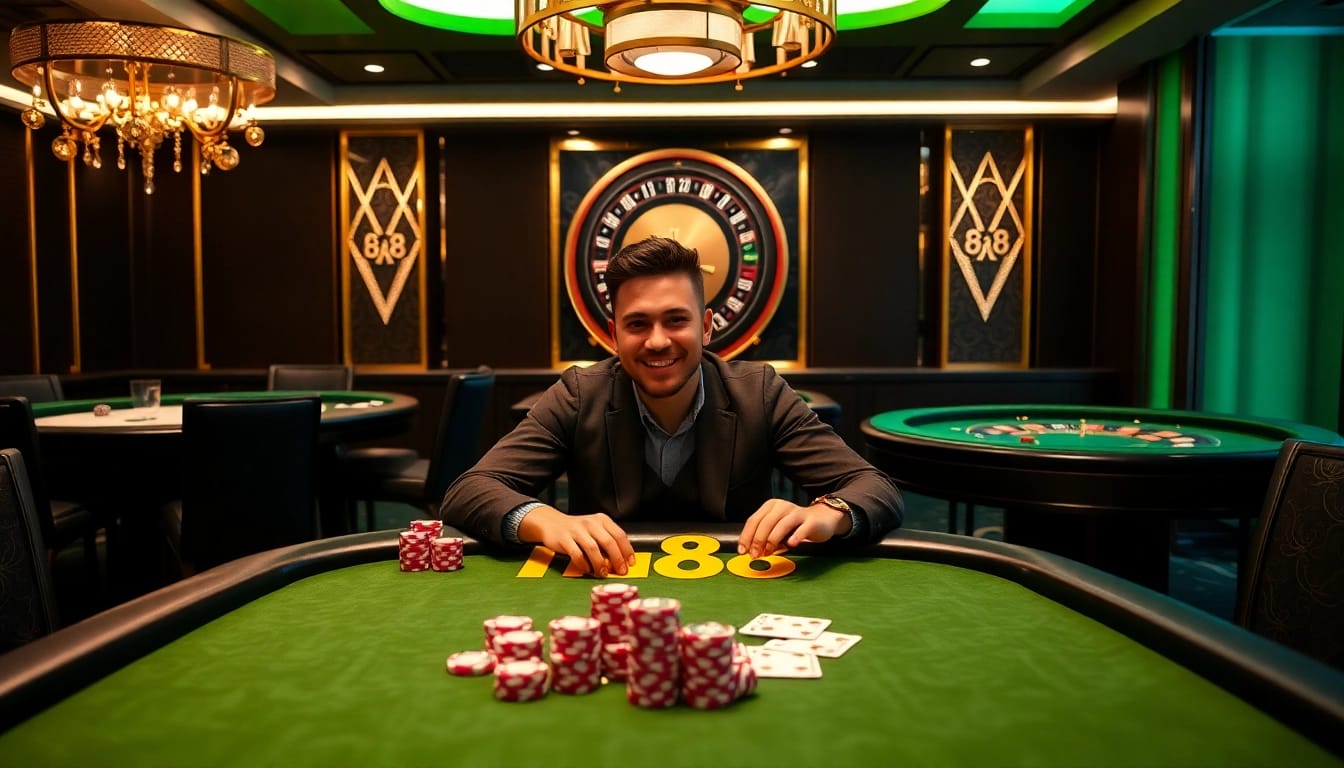 Gambler at a HU 88 poker table celebrating a win with chips and cards.