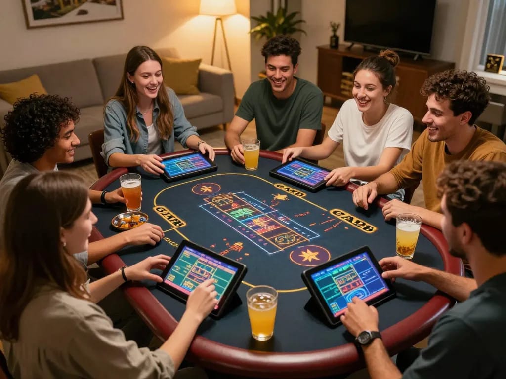 Friends enjoying a lively gaming session at GA28 online casino while strategizing bets.